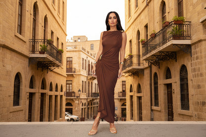 Brown fitted maxi dress - ruched asymmetric design with sleeveless cut for events