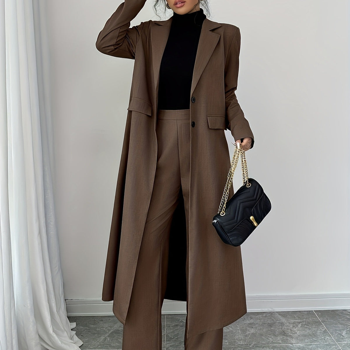 Long Trench Coat Wide-leg Pants in Dark Brown