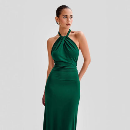 Dark green halter evening dress - backless maxi gown with fitted waist for galas and weddings