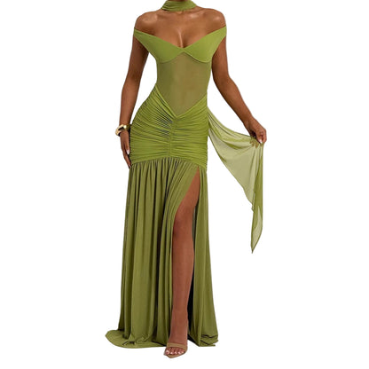 Green evening gown with sheer overlay and slit 