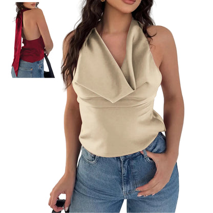 Halter backless slim fit tied tube top in beige– front view, cropped length and tied front detail
