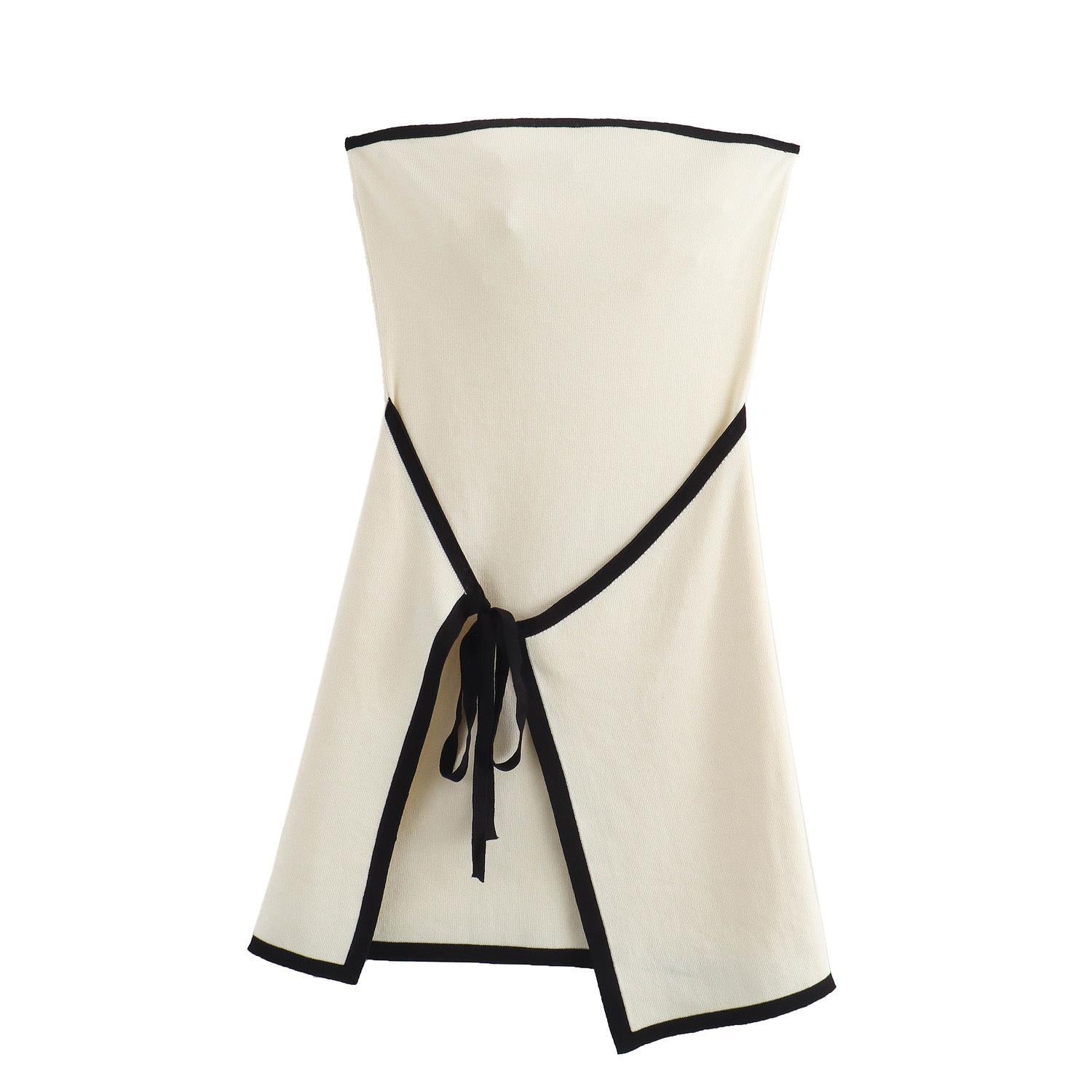 Strapless knit mini dress women white black contrast bow detail