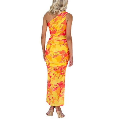 ruched bodycon midi dress women lemon yellow one shoulder floral summer
