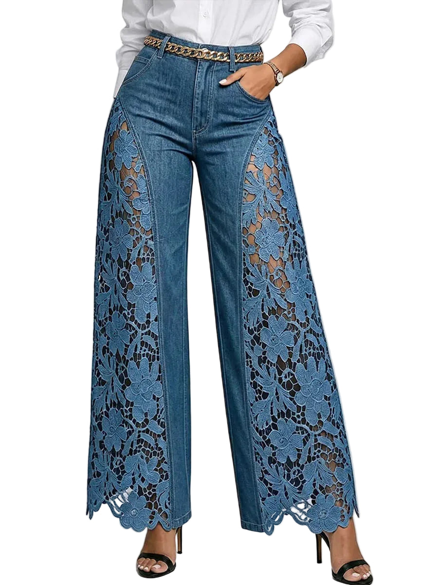 Blue high-waist wide-leg jeans with floral lace side panels and scalloped hem, 