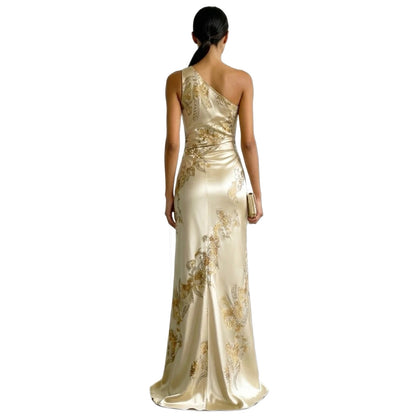 Women's champagne satin one shoulder evening gown gold floral print

