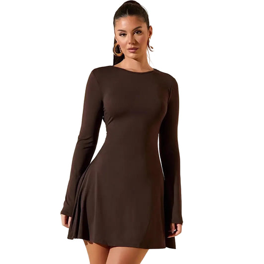 Brown long sleeve mini dress with round neckline - A-line silhouette casual dress for women

