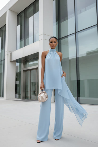 Open back sleeveless co-ord set with irregular hem top in light blue  polyester
