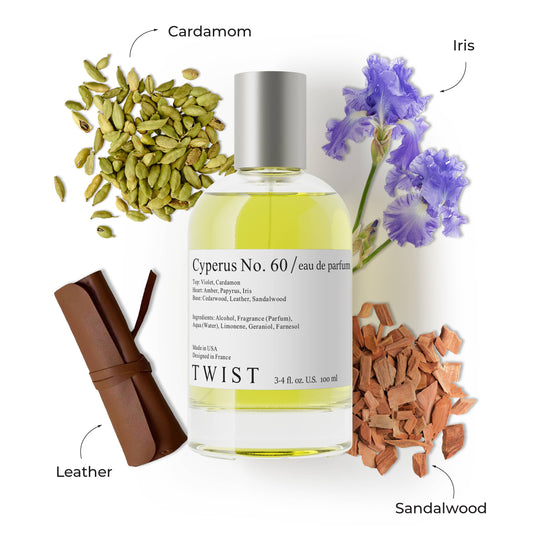 Perfume bottle labeled 'Cyperus No. 60' with cardamom, iris, leather, and sandalwood elements 