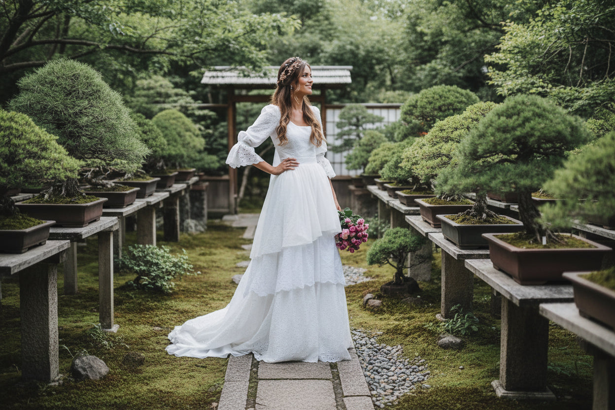 Long sleeve lace wedding dress with full skirt and lace overlay ivory