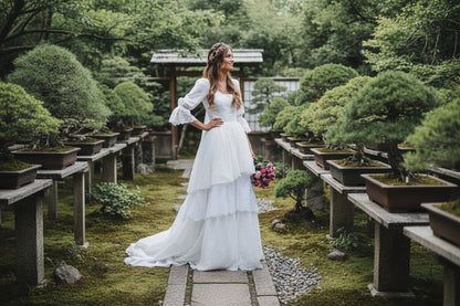 Long sleeve lace wedding dress with full skirt and lace overlay ivory