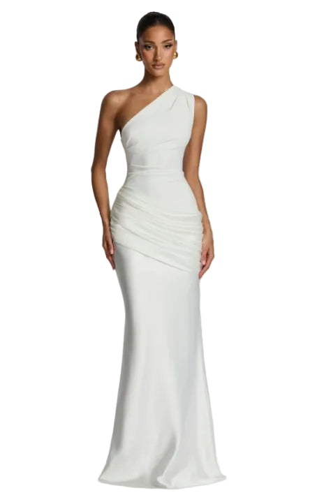 One-Shoulder Sleeveless Fitted Ruched Satin Maxi Elegant Gown with Diagonal Hip Ruching and Flared Hem
