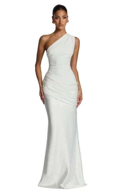 One-Shoulder Sleeveless Fitted Ruched Satin Maxi Elegant Gown with Diagonal Hip Ruching and Flared Hem
