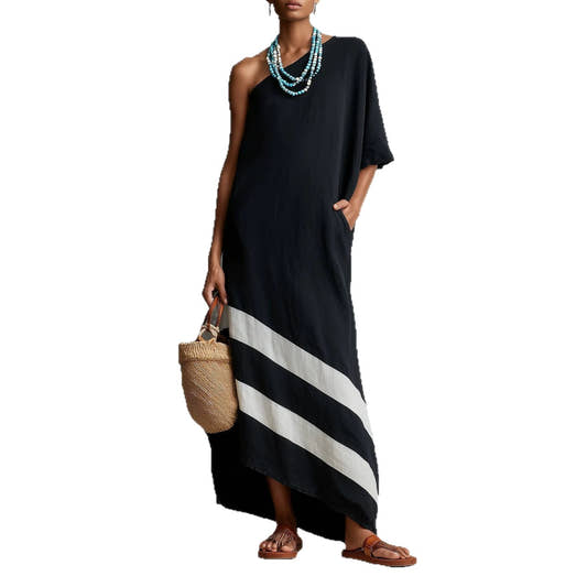 Relaxed Fit One-Shoulder Maxi Dress with Three-Quarter Sleeve and Diagonal Colour-Block Stripe Panels
