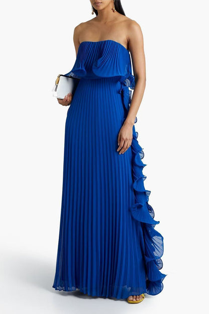 Navy strapless pleated ruffle maxi dress – front view, formal evening occasion dress with tiered ruffle panels
