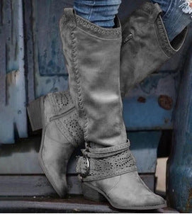Grey suede high-shaft boots with metal details and tall construction
