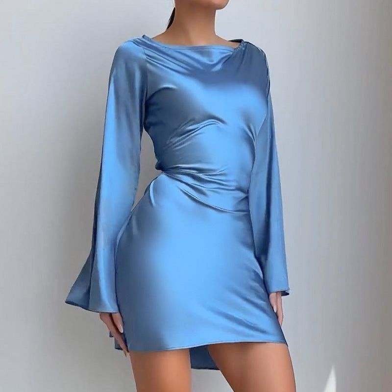 Satin Tie-Back Bell Sleeve Mini Dress in Blue