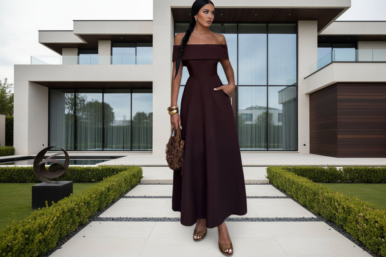 brown off shoulder A-line long dress women with side pockets
