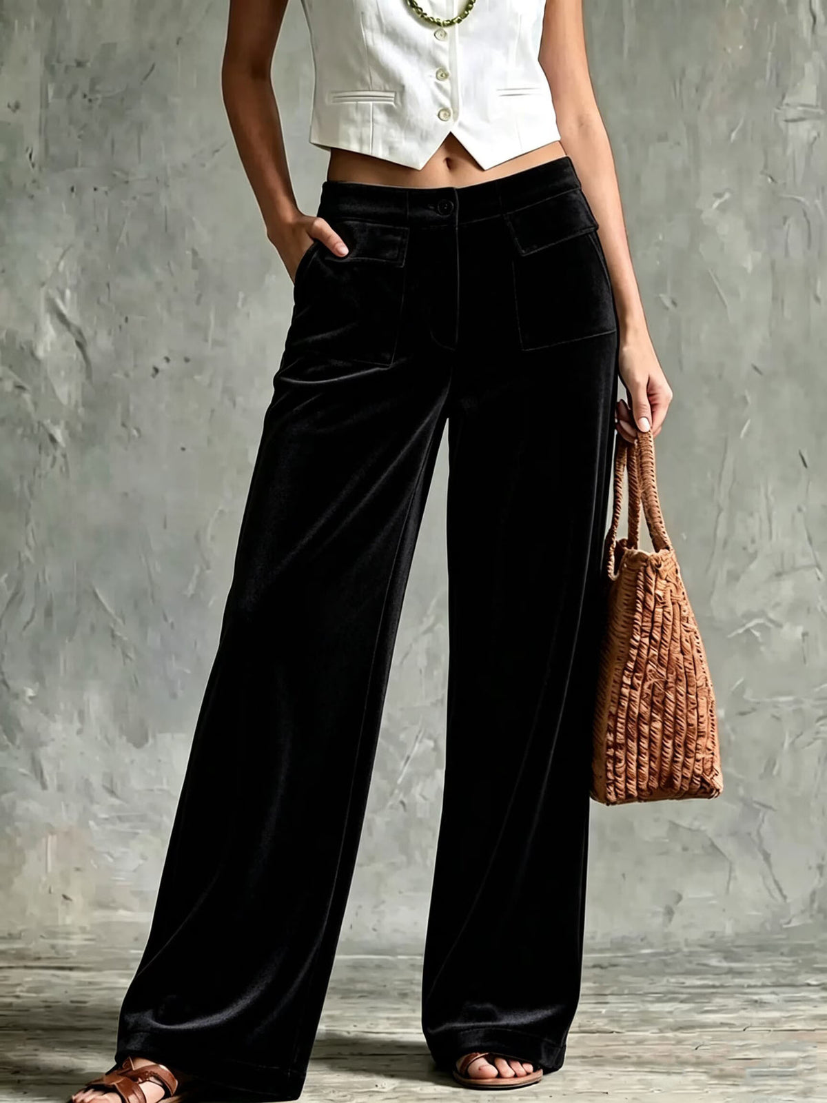 Autumnwinter Elegant Solid-color Velvet Trousers in Black