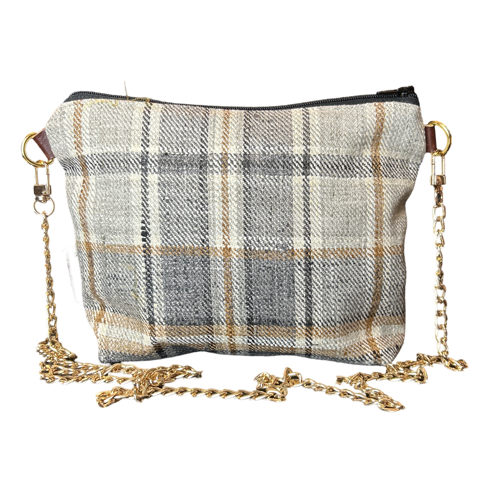 Plaid handbag with gold chain strap on a white background