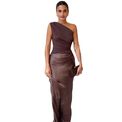 elegant blrown one shoulder backless maxi dress women
