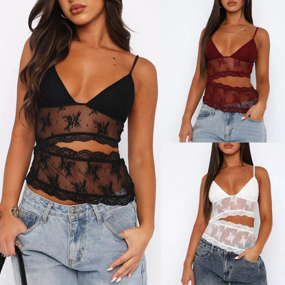 Three images of women wearing sheer lace tops with denim pants 
