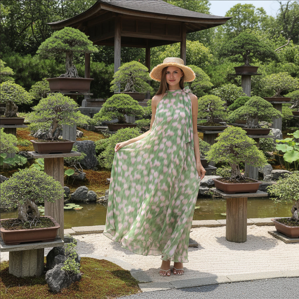 Green floral print midi dress — front view on model
