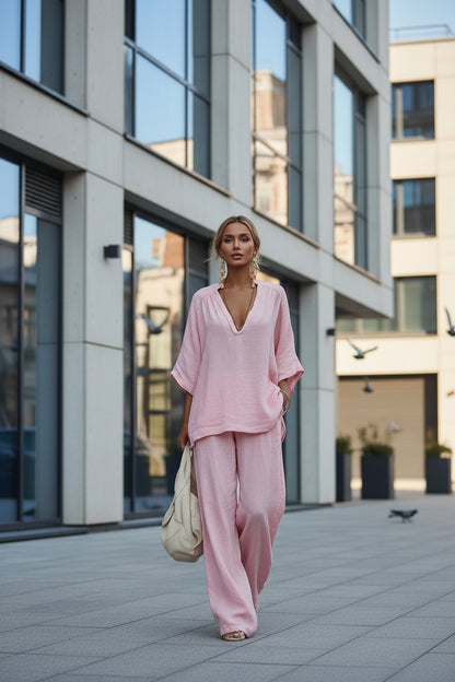 Everyday women's two-piece set with V-neck top and relaxed pants i