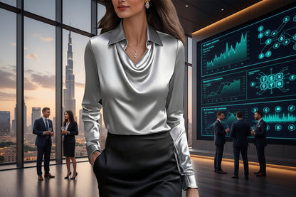 Long sleeve satin top ruched detail lapel blouse for formal dinner parties

