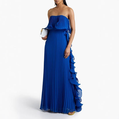  strapless pleated ruffle maxi dress – front view, saturated colorway with cascading ruffle 