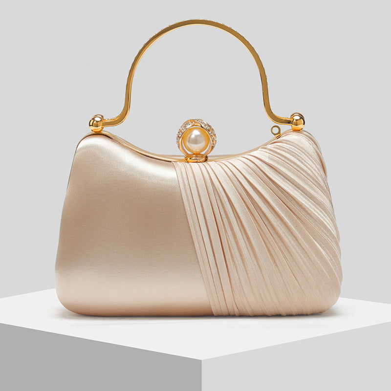 Satin Pleated Evening Dinner Clutch Handbag Chain Bag in Apricot