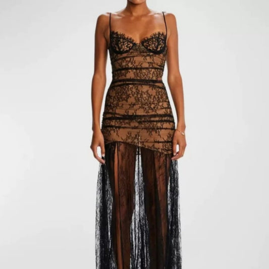 Elegant black lace formal gown showing intricate floral lace detailing and floor-length skirt

