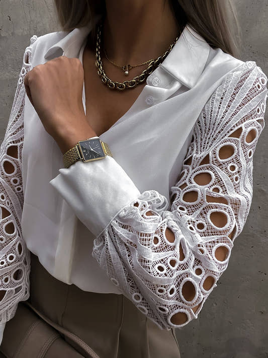 Lace Sleeve Button-Up Blouse Romantic White Top dress from Uplift Luxe