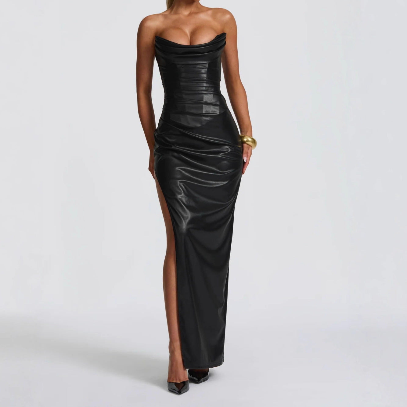 Black strapless gown with a side slit 