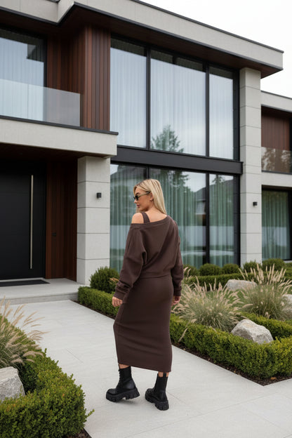 Two-piece sweatshirt and dress set in brown – back view, urban commuter style matching set
