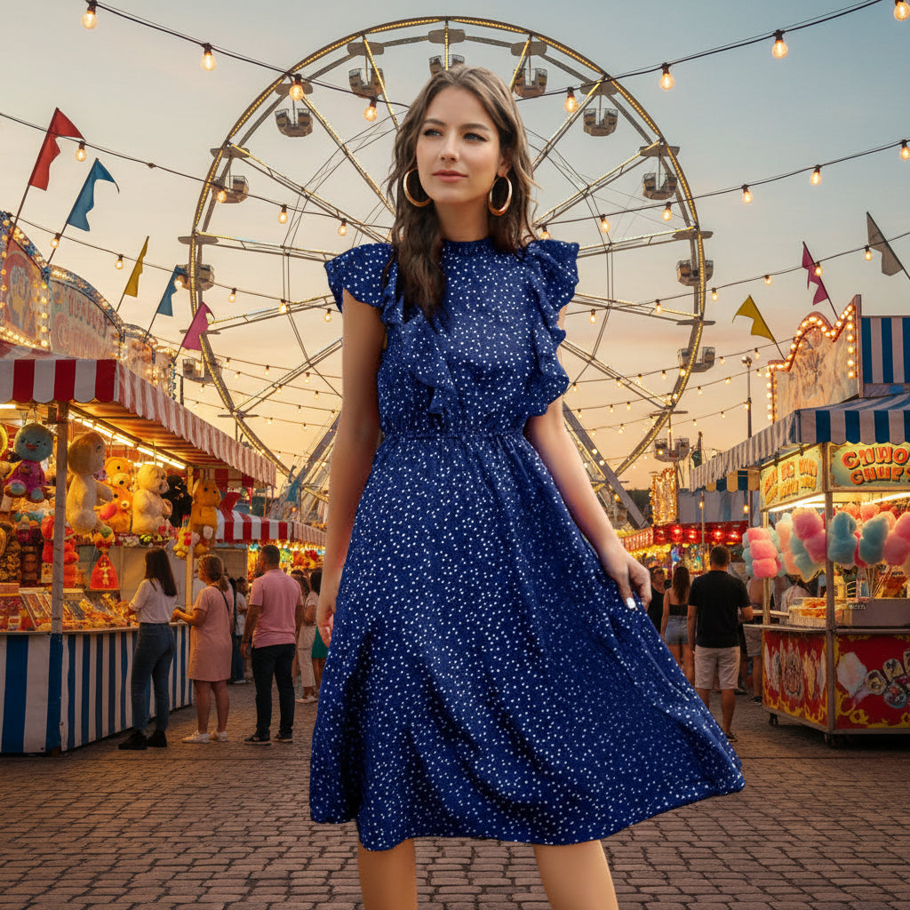 Woman in a blue polka dot dress . 
