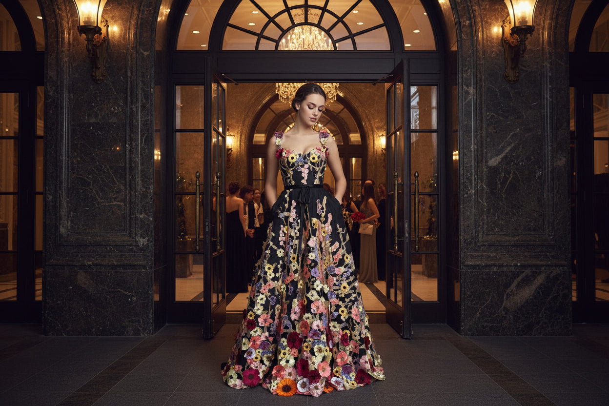 Black floral applique prom dress with multicolor 3D flowers and sweetheart neckline