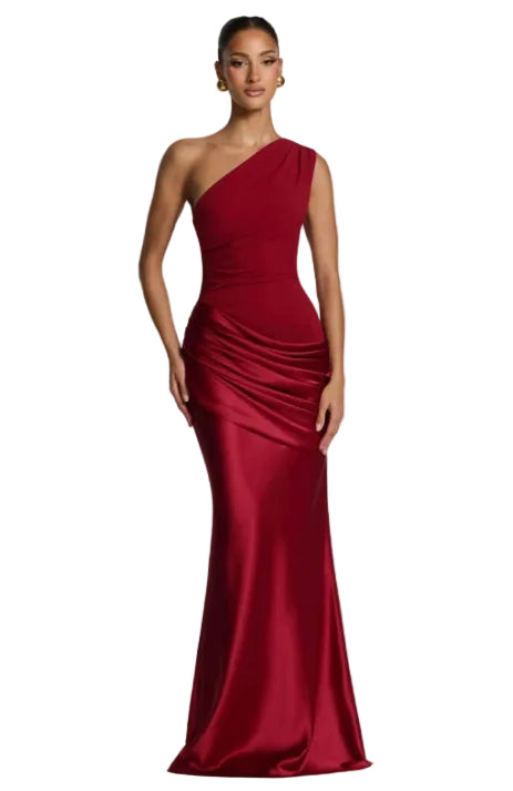 Asymmetric One-Shoulder Sleeveless Satin Maxi Gown with Diagonal Ruched Panels and Floor-Length Flare

