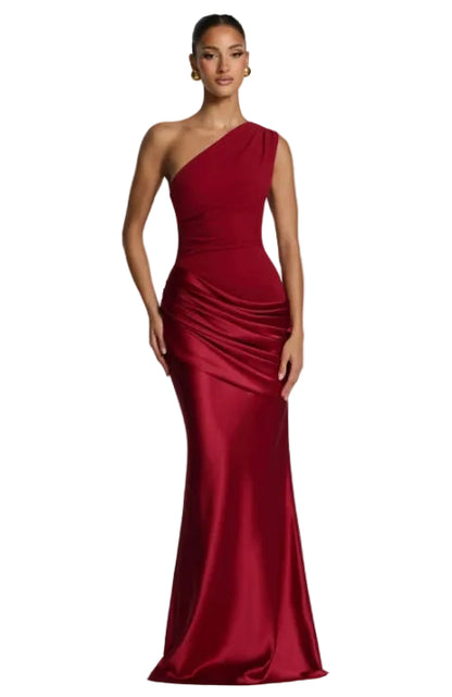 Asymmetric One-Shoulder Sleeveless Satin Maxi Gown with Diagonal Ruched Panels and Floor-Length Flare
