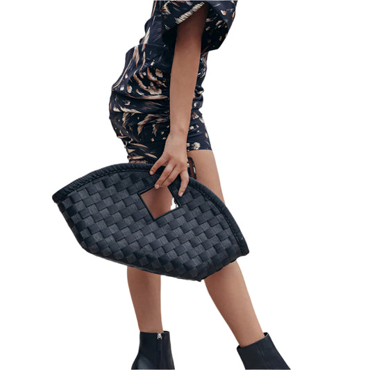 a black woven clutch bag 