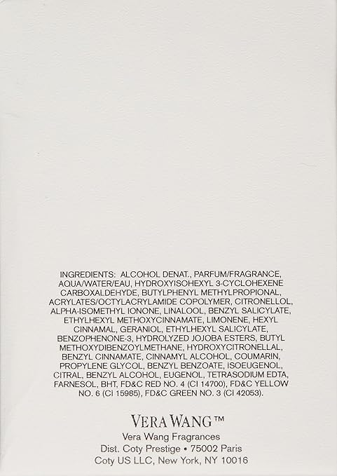 Vera Wang fragrance ingredients list on a white background