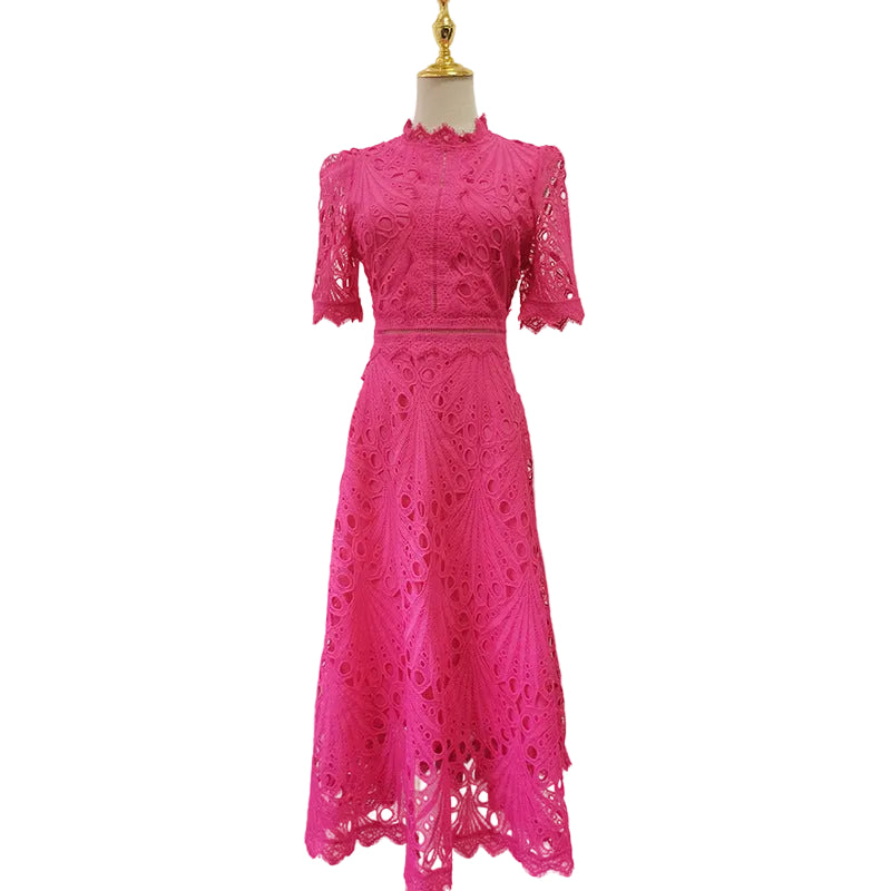 Dark Pink lace embroidered retro dress with cinched waist styled for an elegant look