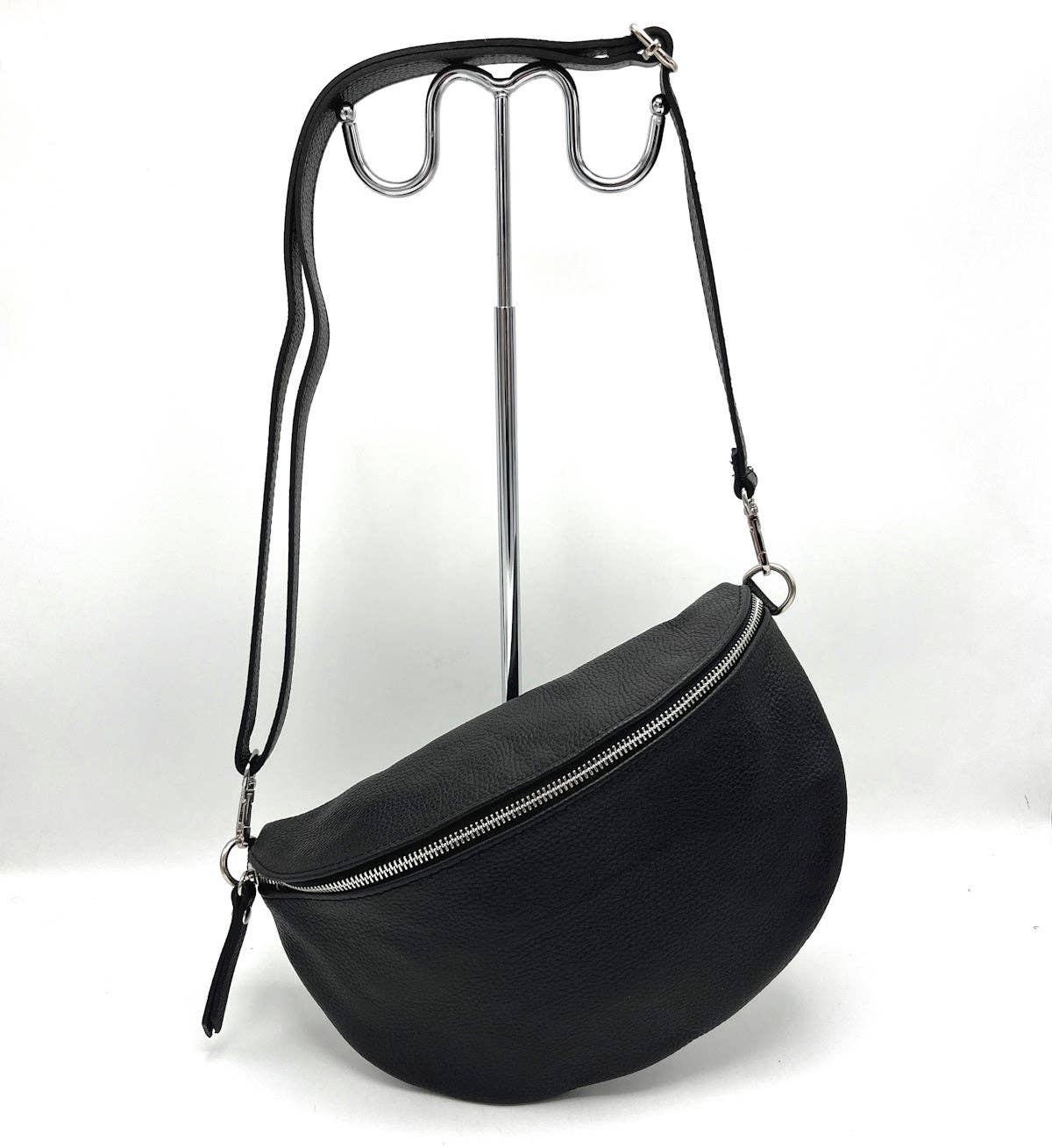 Handcrafted leather  black fanny pack with versatile wear

