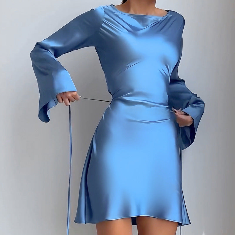 Satin Tie-Back Bell Sleeve Mini Dress – view 5