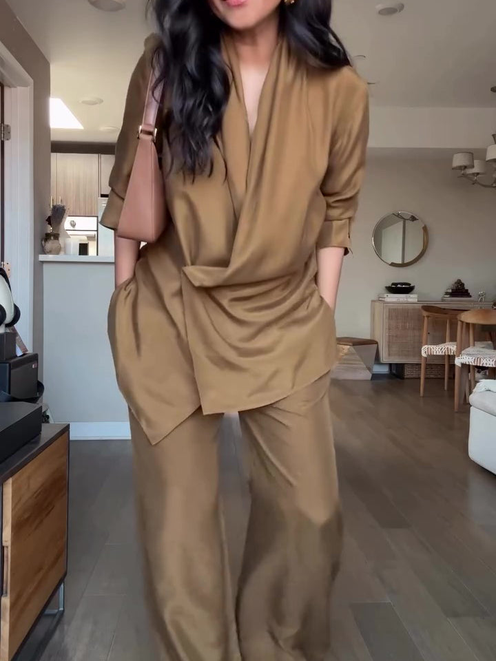 Satin Wrap Blouse & Wide-Leg Pants Set – view 2