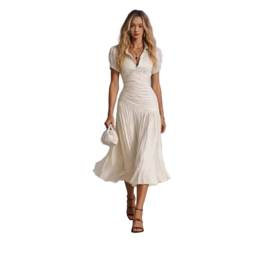 Women's striped color-block high-waist A-line pleated shirt dress in blue
