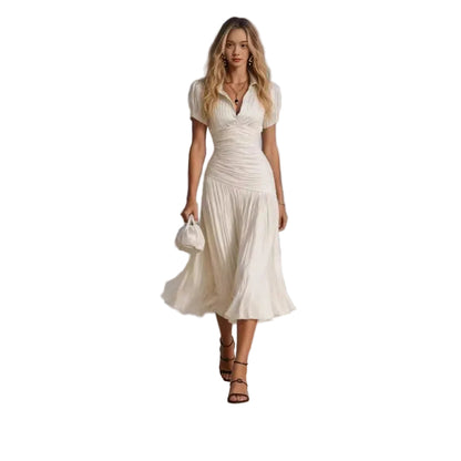 Women's striped color-block high-waist A-line pleated shirt dress in blue
