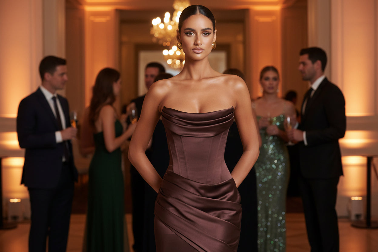 Brown tube top mermaid gown with sheer gloves - fitted formal dress for wedding guest

