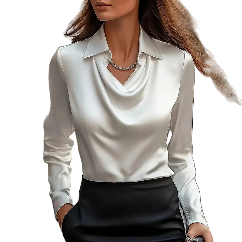 Evening satin top ruched chest long sleeve lapel blouse for semi-formal occasions

