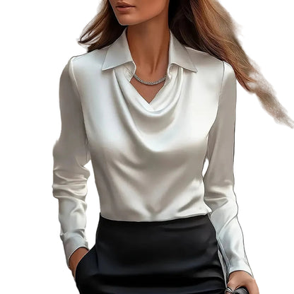 Evening satin top ruched chest long sleeve lapel blouse for semi-formal occasions

