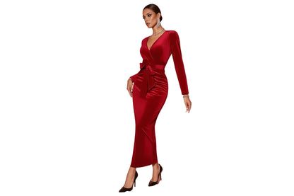 Red Velvet Midi V-Neck Mid-Length Evening dress from Uplift Luxe
